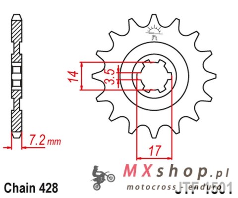 JT ZĘBATKA PRZEDNIA 2054 14 KAWASAKI KLT/KLF 110 '84-88', KLX 140 '08-20' (205414JT) (ŁAŃC. 428)