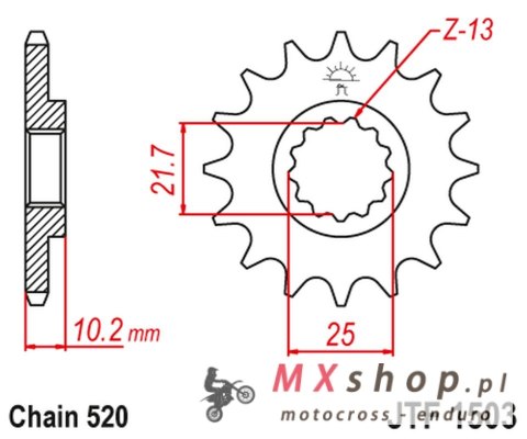 JT ZĘBATKA PRZEDNIA 2061 13 KAWASAKI KSF 250 '87-'04, KEF 300 '95-'03 (206113JT) (ŁAŃC. 520)