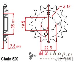 JT ZĘBATKA PRZEDNIA 2116 16 SUZUKI LTR 450 '06-'12, LTZ 400 '03-'13, RMX 450 '10-'13, KAWASAKI KFX 400, HYOSUNG TE 450 (211616JT