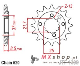 JT ZĘBATKA PRZEDNIA 350 16 HONDA XR 600R '91-'00, TRX 400EX /X '05-'14 POLARIS PREDATOR 500 '03-07' (35016JT) (ŁAŃC. 520)
