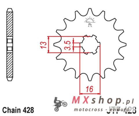 JT ZĘBATKA PRZEDNIA 428 14 SUZUKI DR-Z 50 '19-21', DR-Z 70 '08-18', DS/JR/RM/RG/GT/TS 80 '77-03' (42814JT) (ŁAŃC. 428)
