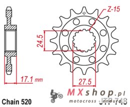 JT ZĘBATKA PRZEDNIA 2250 15 Z GUMĄ DUCATI 899 PANIGALE '14-'15, 959 PANIGALE '16-'19, (1199 PANIGALE '12-'17 KONWERSJA NA ŁAŃC. 
