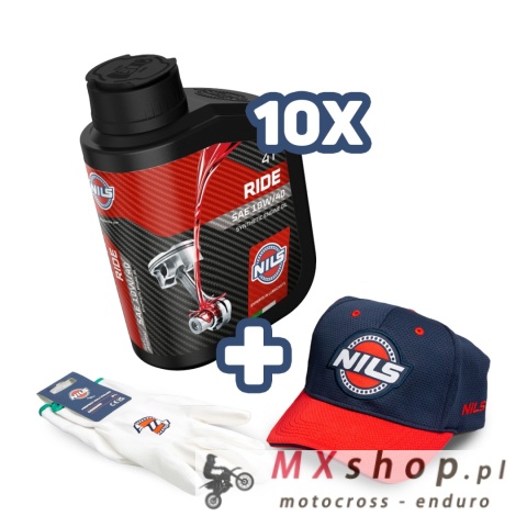 NILS PROMOCJA 10 SZTUK OLEJ SILNIKOWY 4T RIDE 10W40 PÓŁSYNTETYCZNY 1L (AKC)+ CZAPKA Z DASZKIEM + RĘKAWICZKI