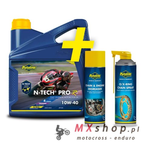 PUTOLINE PROMOCJA OLEJ SILNIKOWY 4T 100% SYNTETYK N-TECH® PRO R+ 10W40 4L (AKC)+ SMAR DO ŁAŃCUCHA O/X-RING CHAIN SPRAY 500ML + C