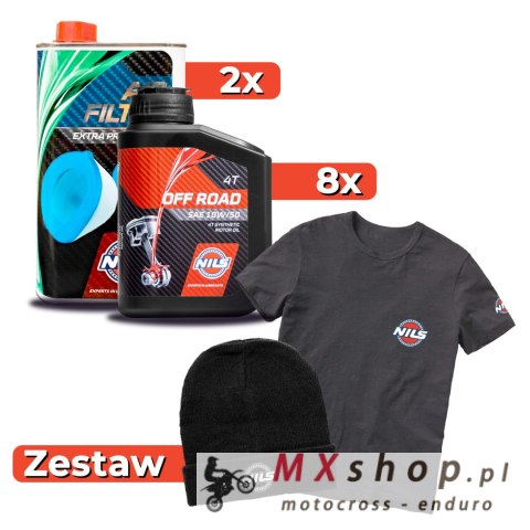 NILS ZESTAW PROMOCYJNY OLEJ SILNIKOWY 4T OFF ROAD SAE 10W50 100% SYNTETYK 8X 1L I OLEJ DO NASĄCZANIA FILTRÓW POWIETRZA 2X 1L (AK