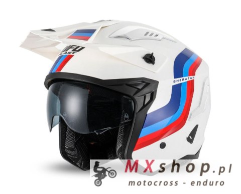 UFO KASK SHERATAN JET / TRIAL Z BLENDĄ PRZECIWSŁONECZNĄ KOLOR BIAŁY NIEBIESKI CZERWONY ROZMIAR XS ( ECE 22R06 ) - KOLEKCJA 2025