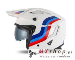 UFO KASK SHERATAN JET / TRIAL Z BLENDĄ PRZECIWSŁONECZNĄ KOLOR BIAŁY NIEBIESKI CZERWONY ROZMIAR XS ( ECE 22R06 ) - KOLEKCJA 2025