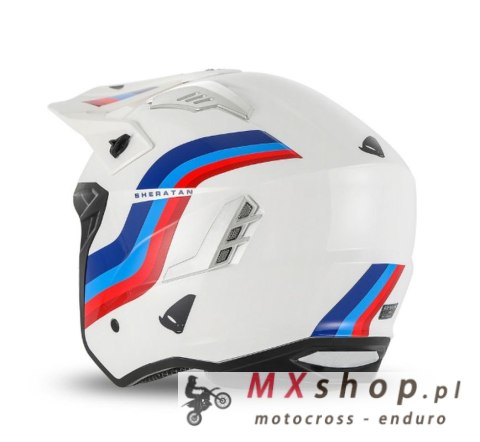 UFO KASK SHERATAN JET / TRIAL Z BLENDĄ PRZECIWSŁONECZNĄ KOLOR BIAŁY NIEBIESKI CZERWONY ROZMIAR XS ( ECE 22R06 ) - KOLEKCJA 2025