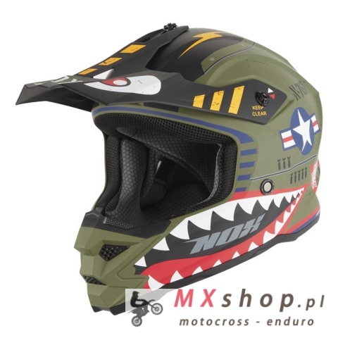 NOX KASK CROSS / OFFROAD N761 FIGHTER KID / JUNIOR (DZIECIĘCY) KOLOR ZIELONY (KHAKI) MAT/BIAŁY/CZARNY ROZMIAR M (ZAPIĘCIE MIKROM