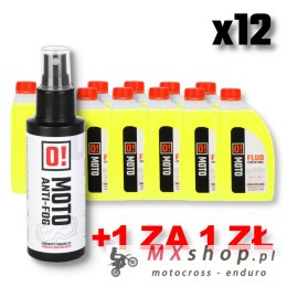 OMOTO ZESTAW 12 SZTUK PŁYN DO CHŁODNIC 1L O! FLUO XTREME COOL + OMOTO PREPARAT PRZECIW PAROWNIU GOGLI OKULARÓW SZYBEK 100ML O! A