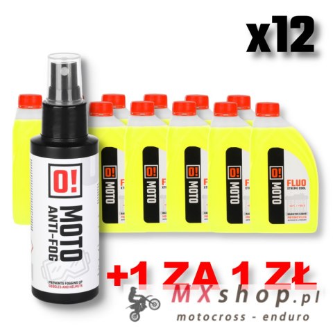 OMOTO ZESTAW 12 SZTUK PŁYN DO CHŁODNIC 1L O! FLUO XTREME COOL + OMOTO PREPARAT PRZECIW PAROWNIU GOGLI OKULARÓW SZYBEK 100ML O! A