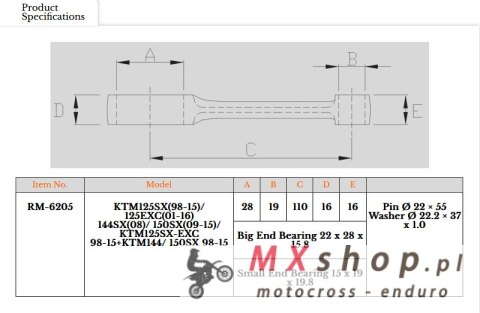 ROYAL RODS KORBOWÓD KTM 125 SX (SX125) '98-'15; EXC 125 (EXC125) '98-'15, SX 144/150 ,08-,15, HUSABERG 125 BETA RR 125 '18-'22